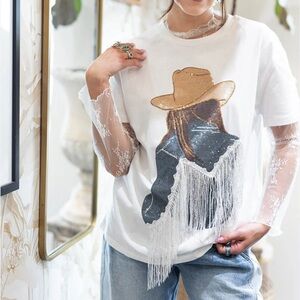 White Graphic Fringe Camisole